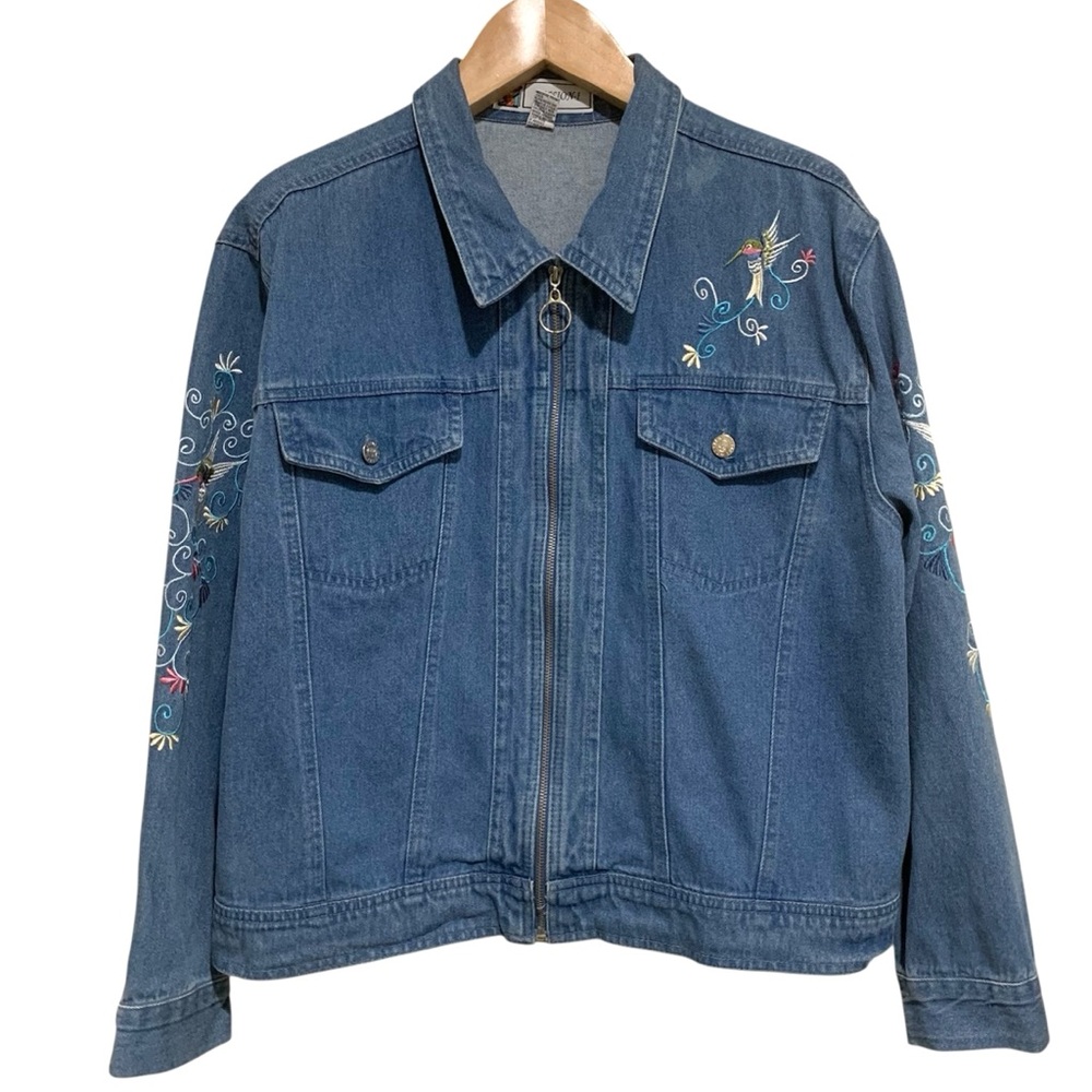 Vintage Passion-I Women’s Embroidered Denim Zip Up Jacket Size XL Hummingbird